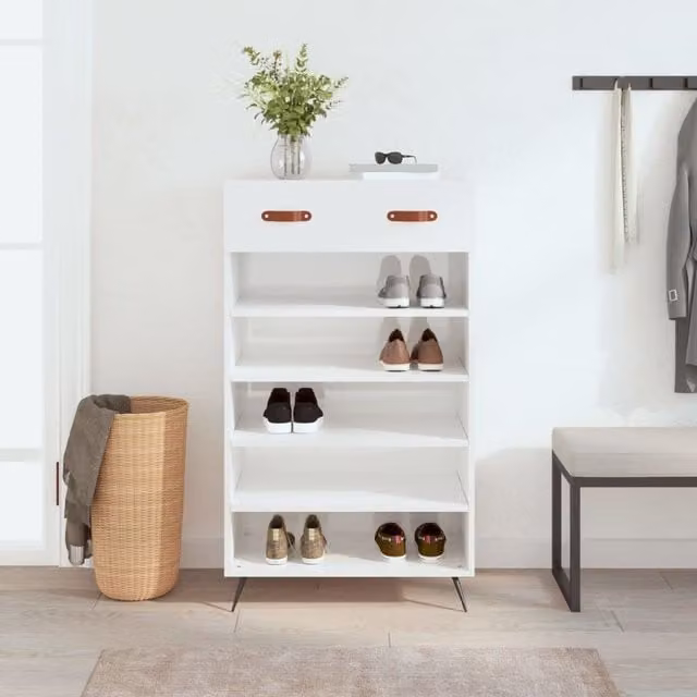 Berkfield Home High Gloss White Shoe Cabinet with Integrated Seat, W/D/H: 60 x 35 x 105 cm