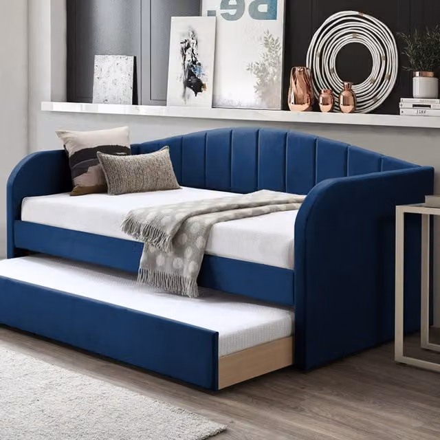 Flintshire Furniture Modern Blue Velvet Upholstered Fabric Day Bed with Drawers, W/D/H: 90 x 190 cm
