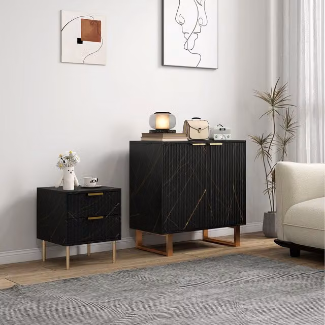 HOMCOM Modern Sideboard Accent Cabinet with Marble Effect and Fluted Doors in Black and Gold