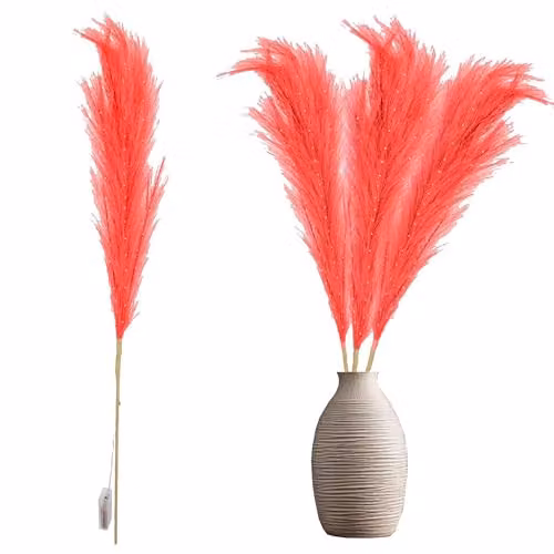 SHATCHI Red Prelit Pampas Grass Stem with Warm White LEDs, 100 cm Artificial Textile Flower for Christmas and Boho Decor