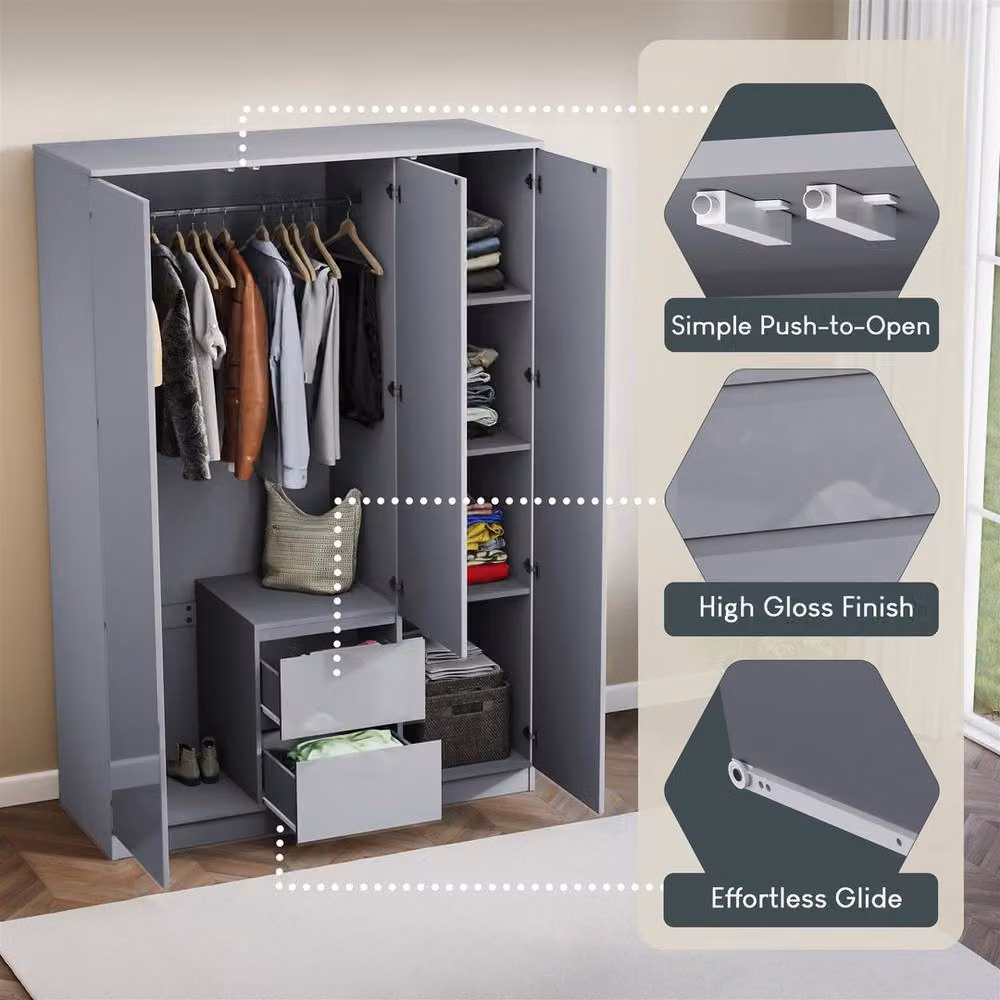Kelvenix Grey Modern Gloss 3 Door 2 Drawer Wardrobe with Push to Open Mechanism – 3