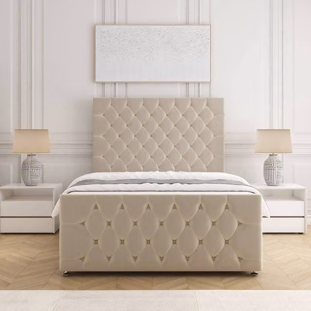 BSSPOKE Maya Plush Divan Bed with Headboard and Footboard in Beige, W/D/H: 180 x 200 cm