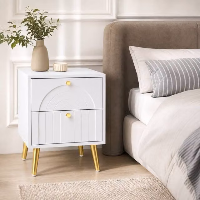 STILVORA Set of 2 Modern Bedside Tables with 2 Drawers in White and Gold