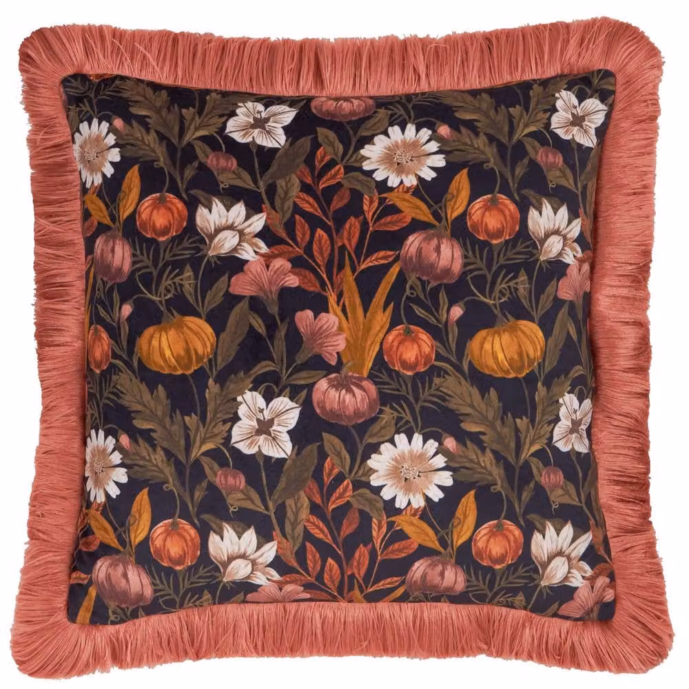Furn Autumn Garden Fringed Velvet Cushion in Rose Multicolour, W/D/H: 45 x 45 x 45 cm – 2