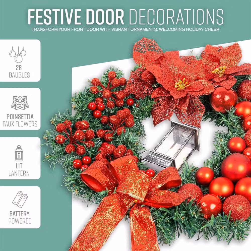 Globrite Red Christmas Wreath with Bows, Baubles and Lantern, Diameter: 40 cm – 3