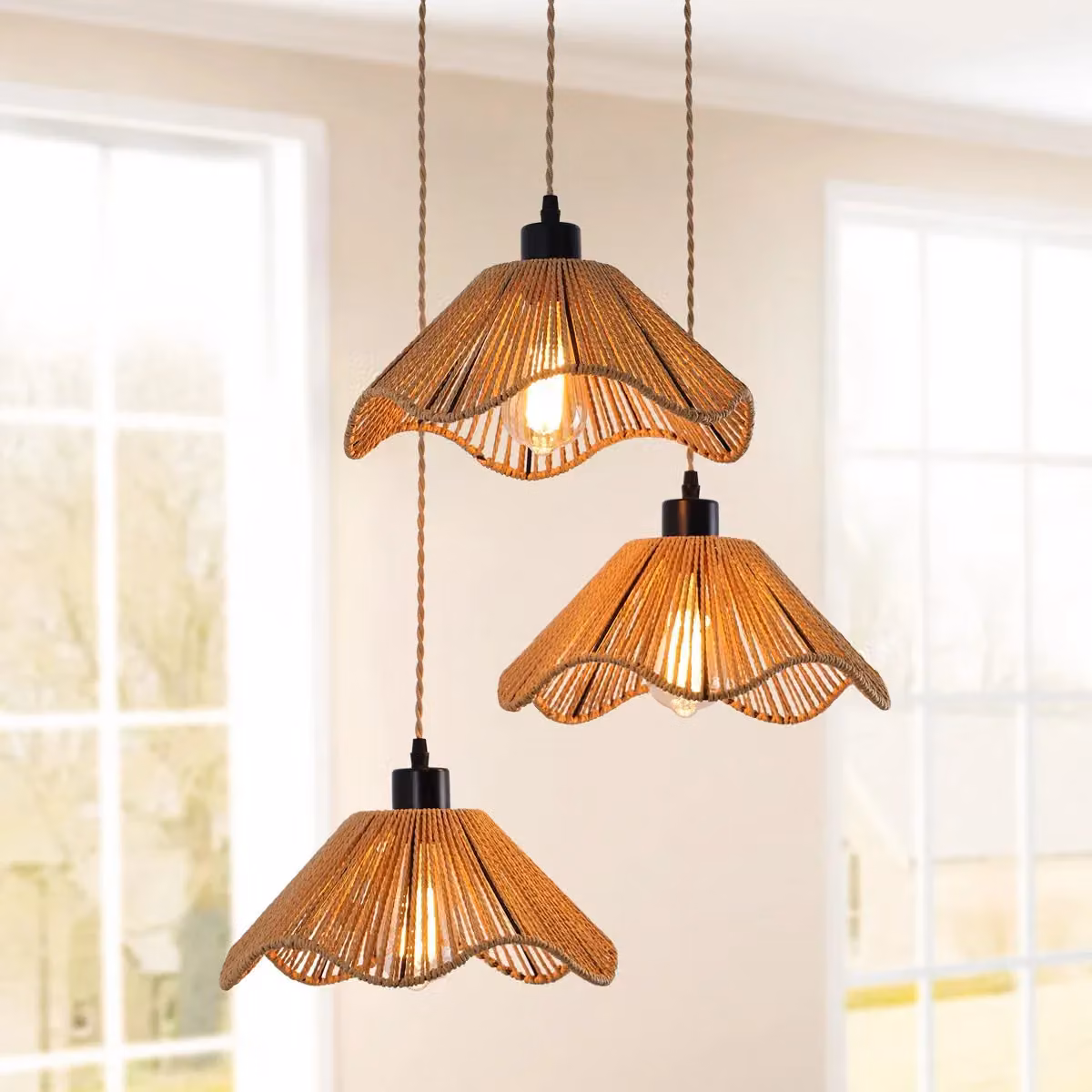 Garwarm 3-Light Boho Rattan and Metal Farmhouse Pendant Light in Gold/Brass – 2
