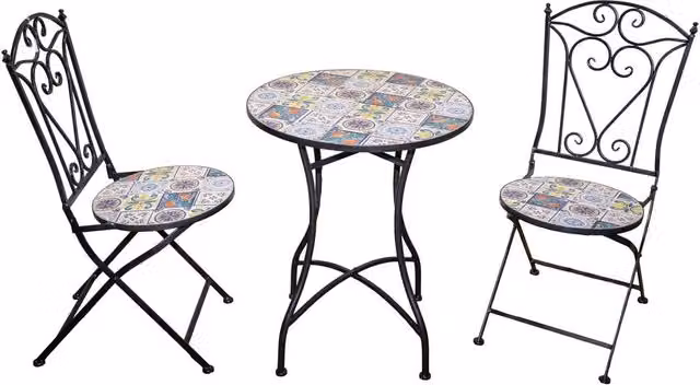 Shatchi Mediterranean Mosaic Bistro Set with Round Ceramic Table and 2 Folding Metal Chairs in Multicolour
