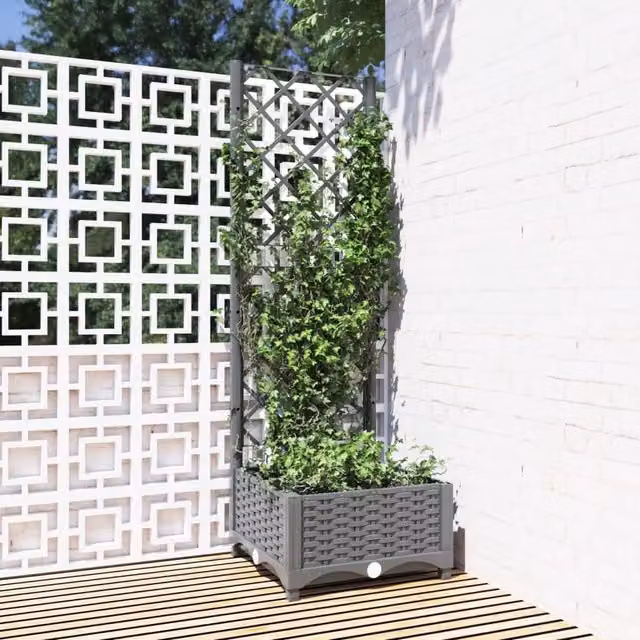 Berkfield Home Garden Planter with Trellis in Light Grey, W/D/H: 40 x 40 x 121.5 cm