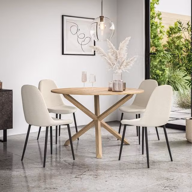 More4Homes Malvern Round Oak Effect Dining Table Set with 4 White Maya Boucle Chairs, Diameter: 120 cm, Height: 75 cm