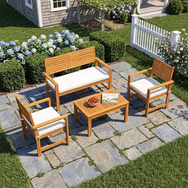 Outsunny 4 Seater Acacia Wood Garden Furniture Set with Cream Cushions
