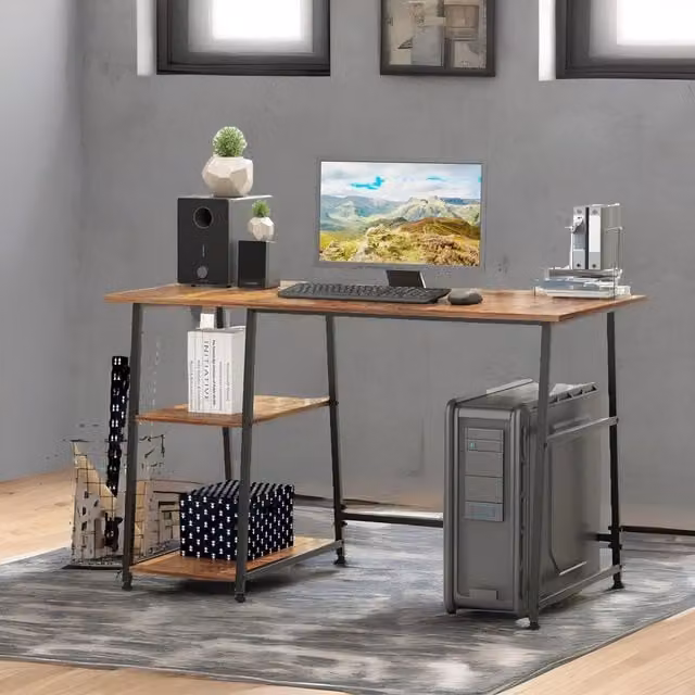 Rafaelo Mobilia Industrial Rustic Writing Desk with 2 Shelves, Dark Brown and Black, W: 120 cm, D: 60 cm, H: 76 cm