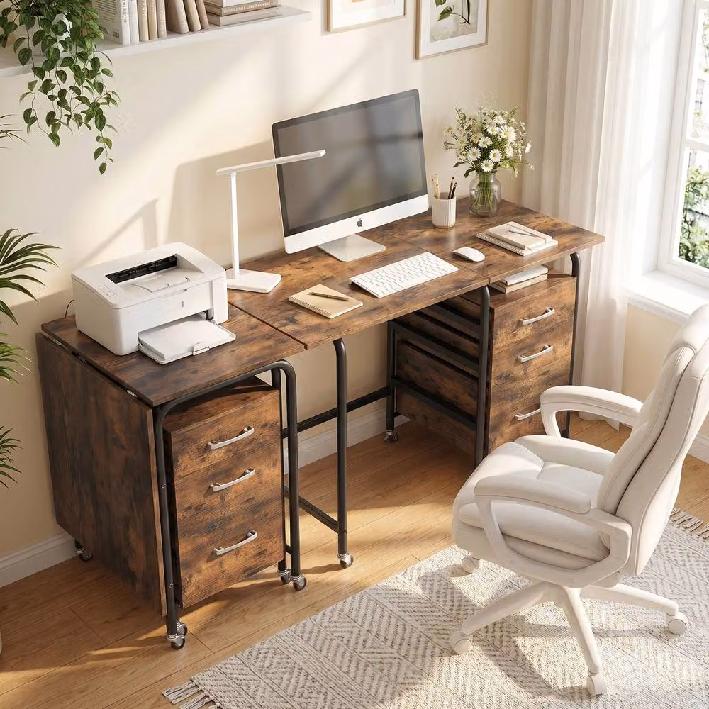 Costway Folding Computer Desk with 3 Drawers in Brown – 7