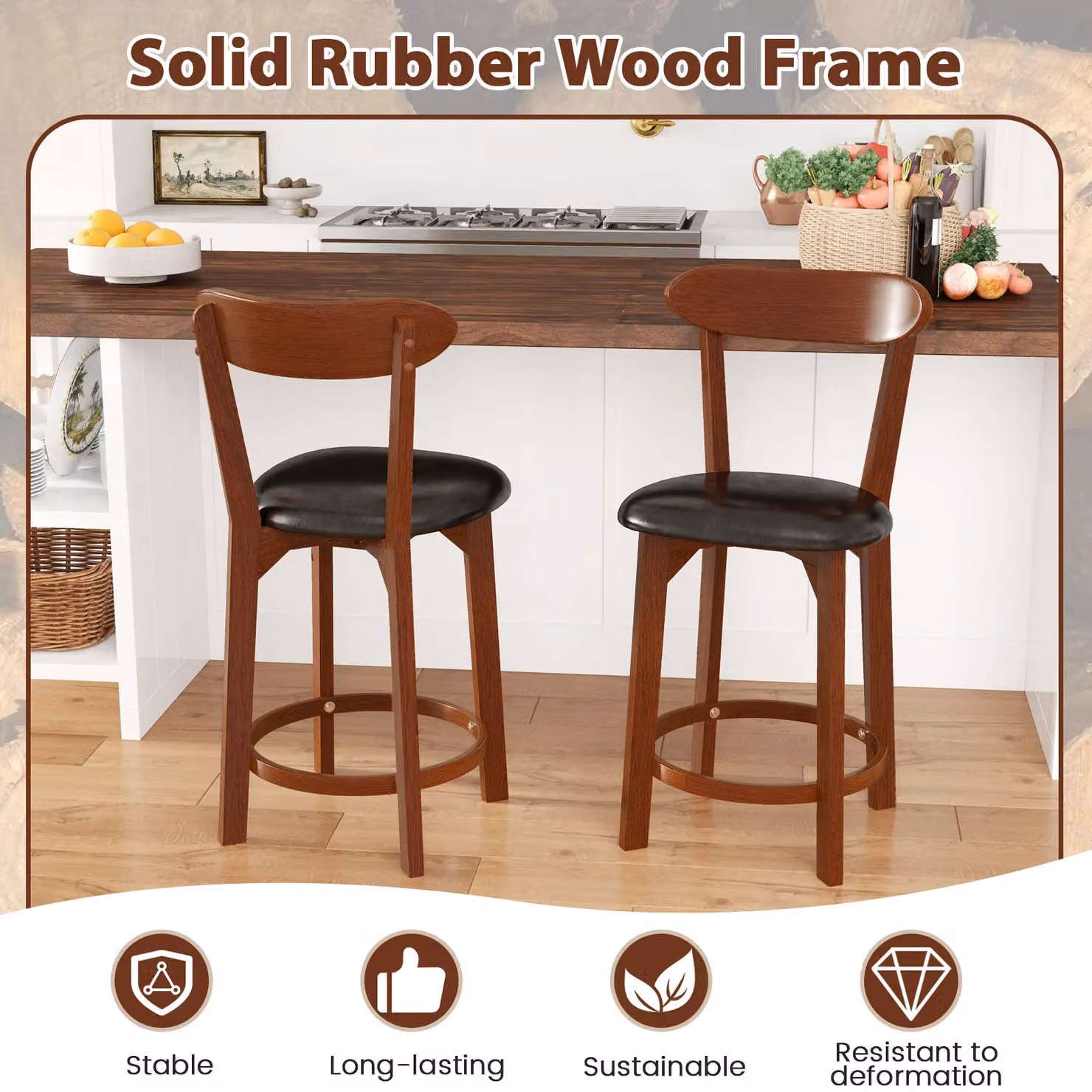 Gymax Set of 2 Modern Bar Stools with Curved Backrest in Brown Walnut Finish, Seat Height: 60 cm – 4