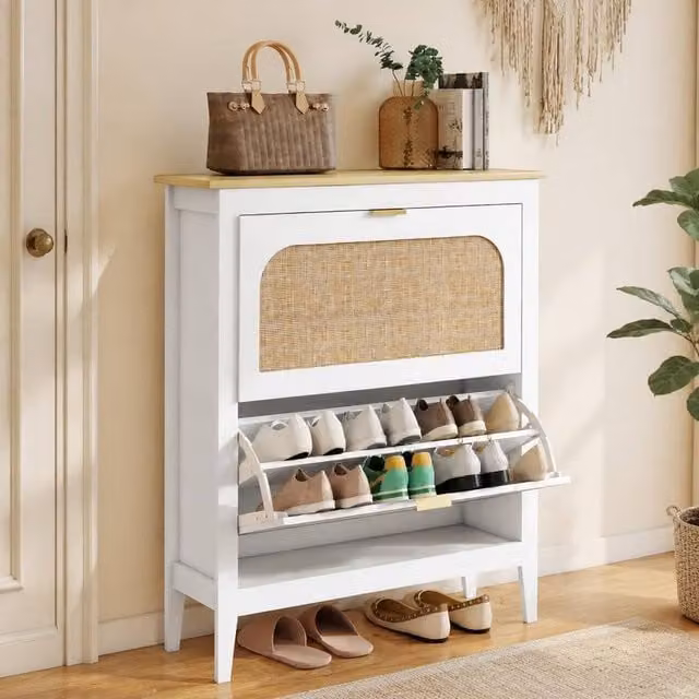 STILVORA White Slim Shoe Cabinet with Rattan Tilting Compartments and Internal Shelves
