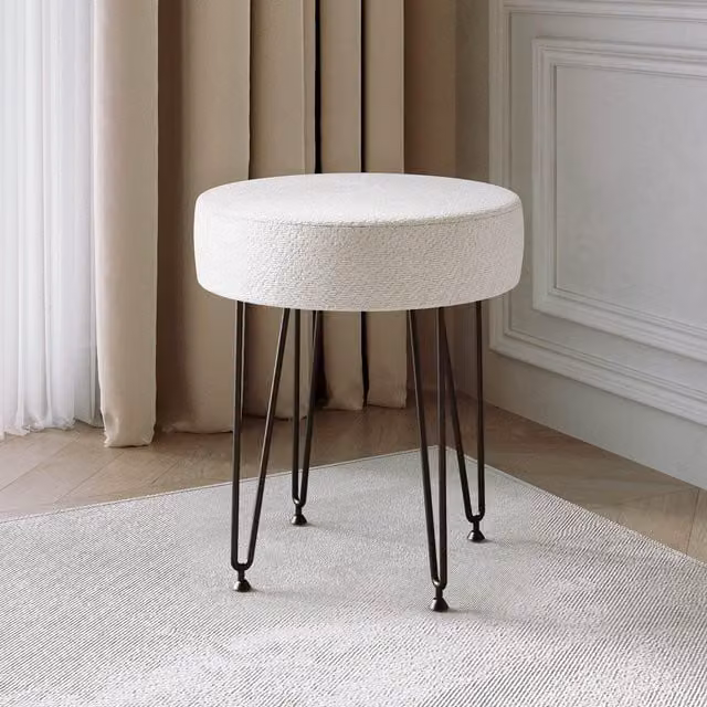 CARME HOME Alaya Ivory Bouclé Fabric Stool with Black Metal Hairpin Legs