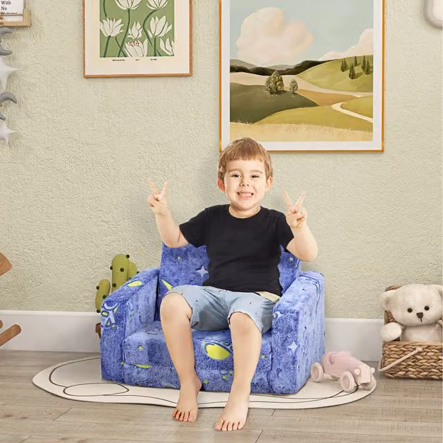 AIYAPLAY 2 in 1 Kids Relax Recliner Chair with Glow in the Dark Stars and Moon Design in Blue
