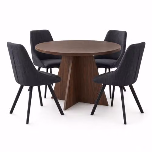 FWStyle Erin Round Walnut and Oak Dining Table with 4 Black Swivel Chairs Set in Brown – 4