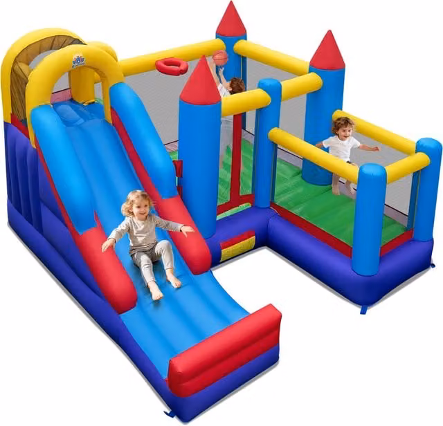 Costway Kids Bouncy Castle with Slide and Safety Net in Blue and Multicolour