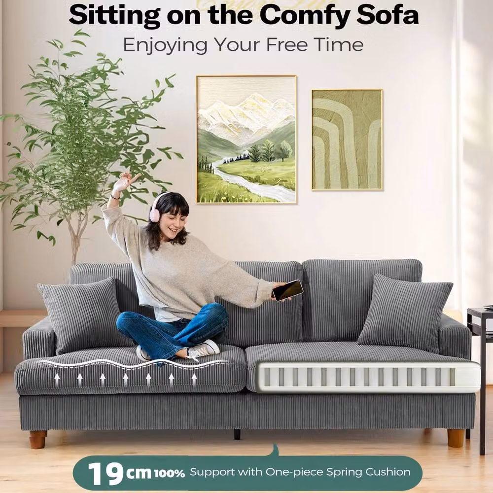 Dprodo Mid Century Modern 3 Seat Cord Upholstered Sofa in Grey, W: 220 cm, H: 76 cm, D: 89 cm – 2
