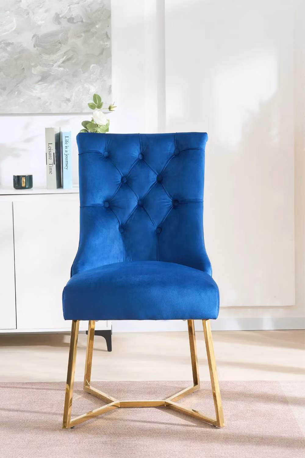 Life Interiors Ambra Modern Velvet Dining Chair with Gold Legs and Tufted Back in Blue – 2