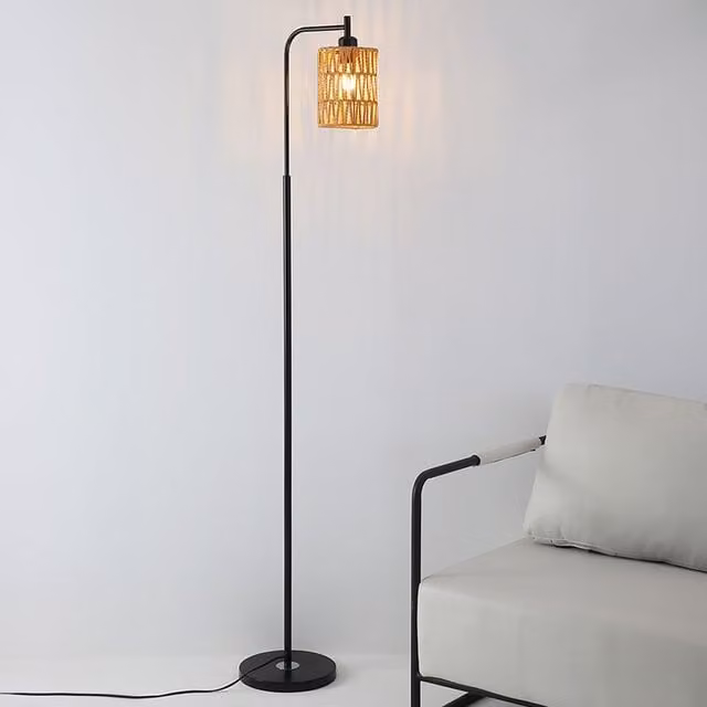Livingandhome Modern Black Rattan Floor Lamp with Cylindrical Metal Shade