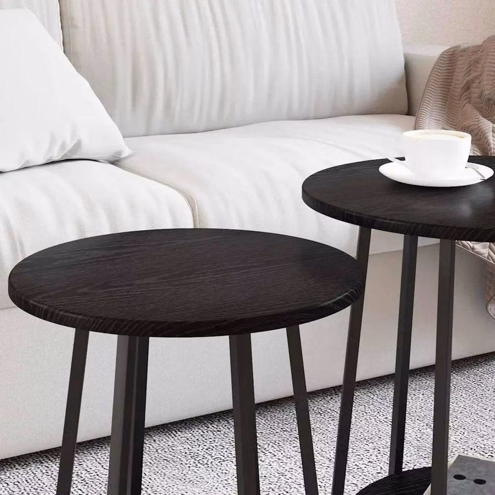 EONLION Set of 2 Industrial Black Round Side Tables with Shelves – 3