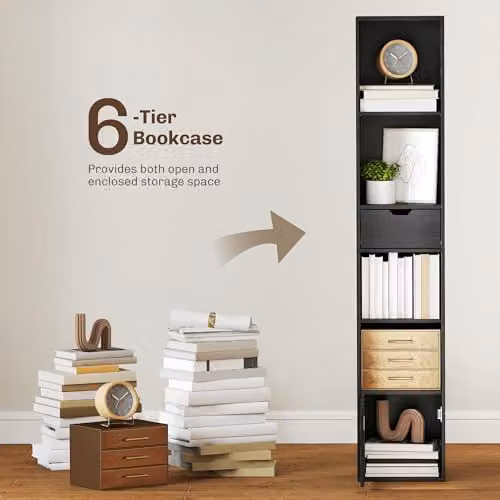 HOMCOM 6-Tier Slim Black Bookcase with Drawer, W/D/H: 30 x 24 x 158 cm – 4