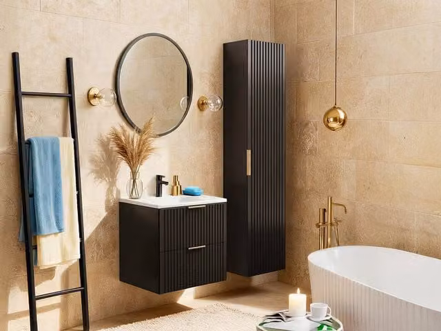 Vente-unique Modern Wall-Mounted Black Ribbed Bathroom Vanity Unit and Tall Cabinet Set with Soft-Close Doors, W/D/H: 60 x 46 x 57 cm – 1