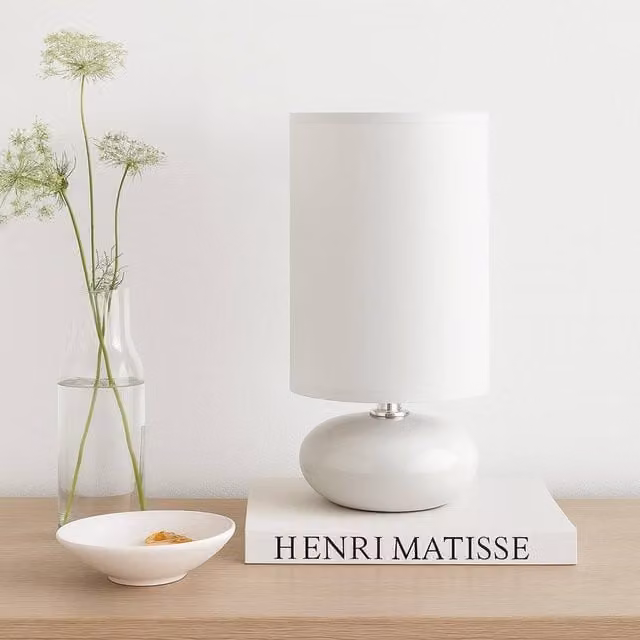 Voltico Pebble Table Lamp in Beige with Fabric Shade