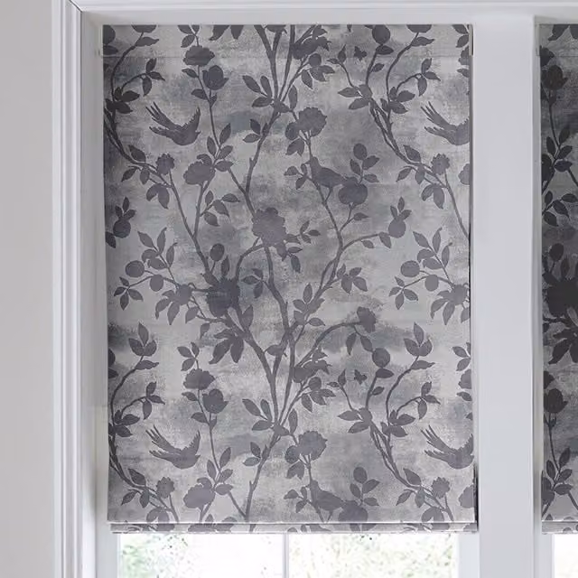 Laura Ashley Eglantine Silhouette Woven Made to Measure Blackout Roman Blind in Grey Floral Pattern