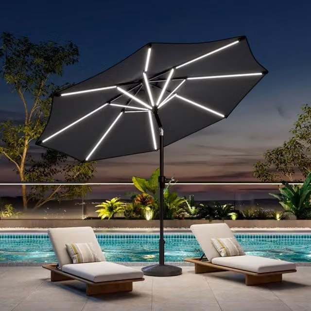 Breeins Modern Outdoor Parasol with LED Strips and Grey Woven Pattern Composite Resin Base