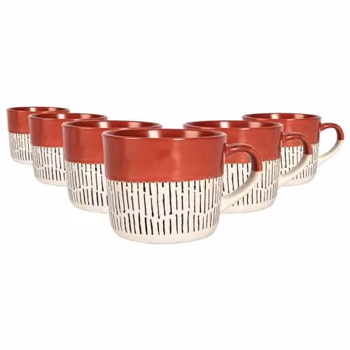 Nicola Spring Dipped Dash Ceramic Stoneware Coffee Mug Set, 6 Pieces, Red and Black, 475ml – 1