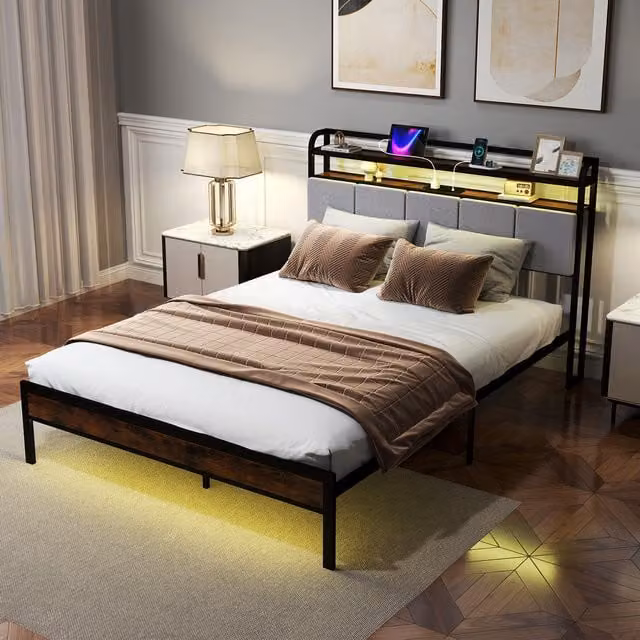 Costway King Size Platform Bed Frame with LED Under-Bed Lighting and USB Charging Port in Brown