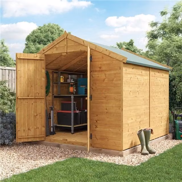 BillyOh Keeper Overlap Apex Wooden Garden Shed in Brown, W/D/H: 243.84 x 243.84 x 181.13 cm