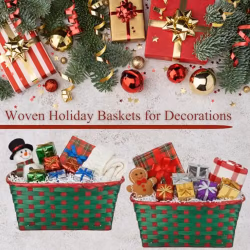 Almineez Set of 2 Bamboo Christmas Hamper Baskets in Red and Green, Rectangular Open Weave Storage Baskets – 5