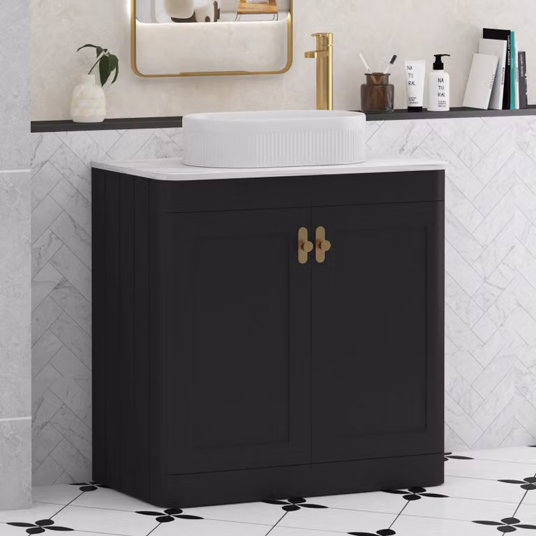 Royal Bathrooms Henley 800mm Matt Nocturne Black Floor Standing 2 Door Vanity Unit with Lyon Basin and Brushed Brass Knob