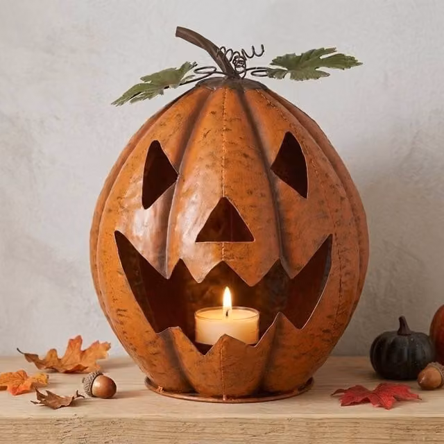 Garden Greatness Orange Metal Pumpkin Pillar Candle Holder for Autumn and Halloween