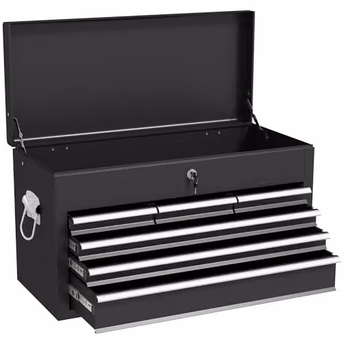 HOMCOM 6 Drawer Lockable Metal Tool Chest with Top Case, Black, W/D/H: 60.0 x 26.0 x 34.0 cm – 1