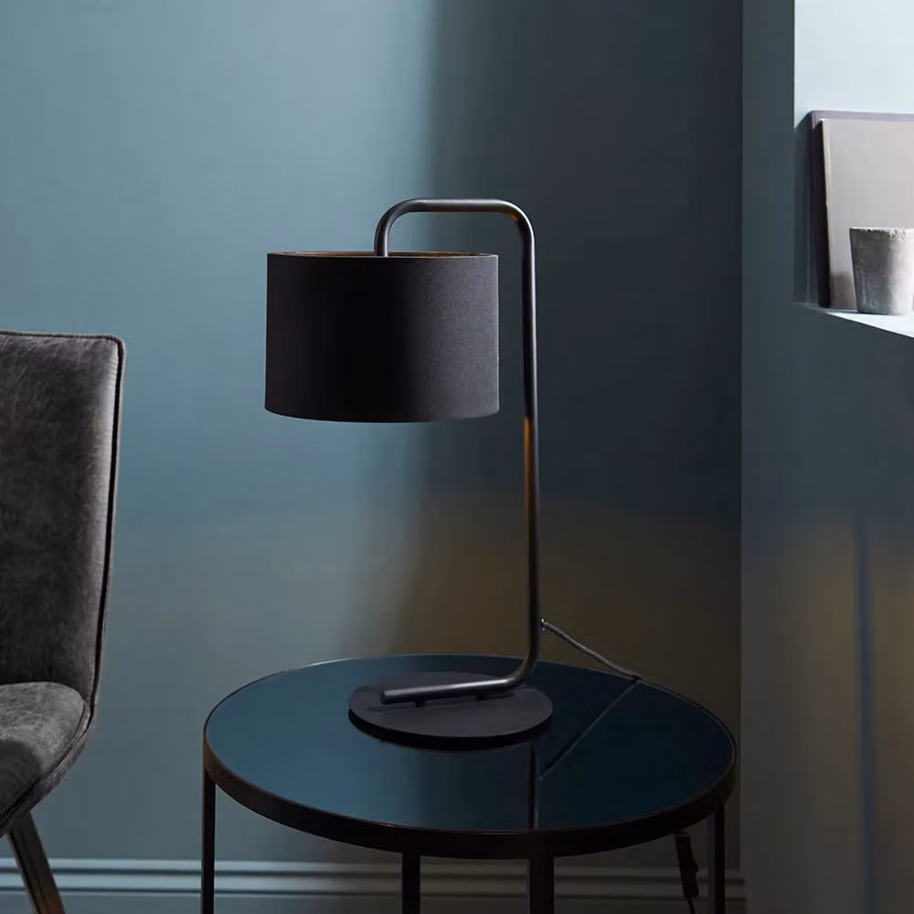 Loops Black Satin Table Lamp with Fabric Cylinder Shade – 3
