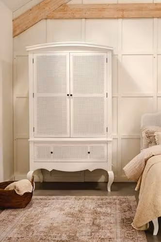 Louis Large White Wooden Double Wardrobe with Rattan Cane Doors and Drawer, W: 126 cm, H: 216 cm, D: 65 cm – 1