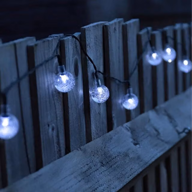 Primrose Solar LED String Lights with 30 White Crackled Glass Sphere Globes