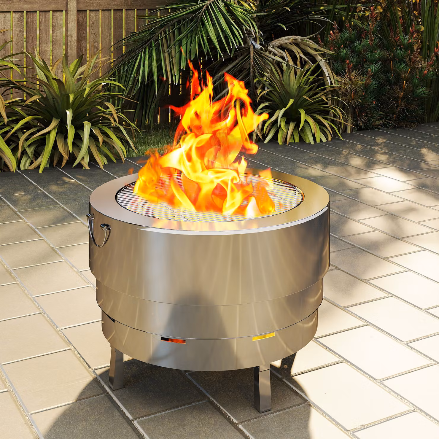 Outsunny Stainless Steel Wood-burning Fire Pit with Fire Poker, Silver – 9