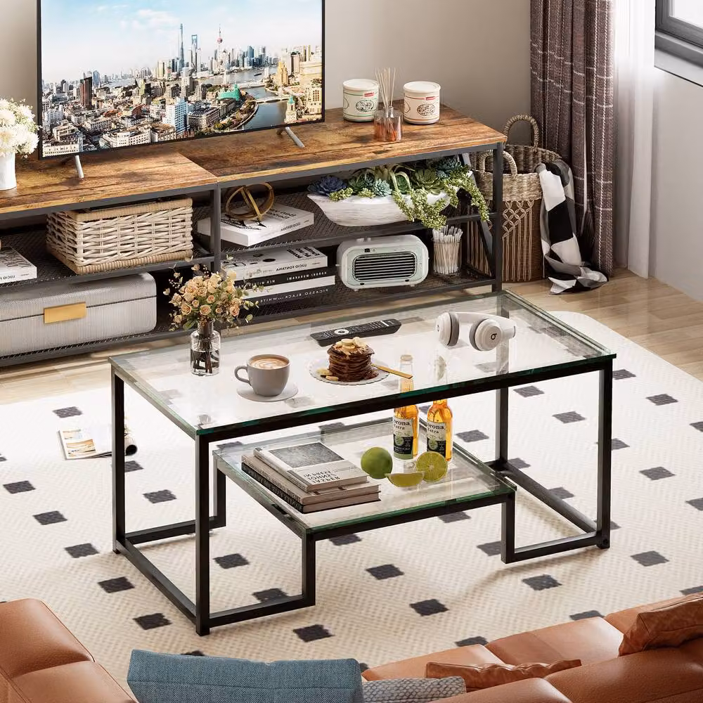 Huhote Modern Rectangular Glass Coffee Table with Black Metal Frame – 7