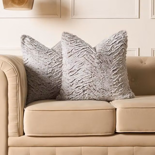 OHS Pack of 4 Two Tone Faux Fur Square Cushion Covers in Beige, Yellow and Grey