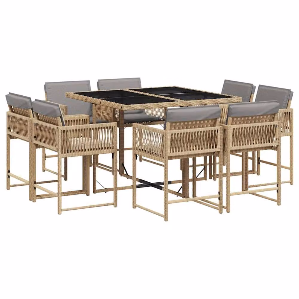 Berkfield Home 9 Piece Poly Rattan Garden Dining Set with Beige Cushions and Glass Top – 2