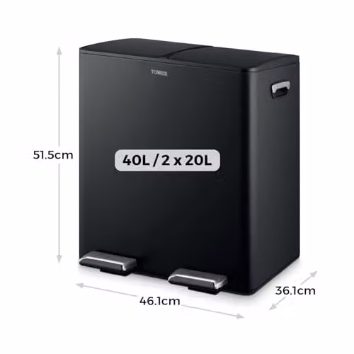 Tower T838022BLK 40L Recycling Pedal Bin with Two 20L Compartments and Removable Inner Buckets, Black Coated Steel – 6