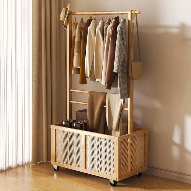 EONLION Bamboo Hanging Clothes Rail with Basket in Natural Wood, Width: 50 cm – 1