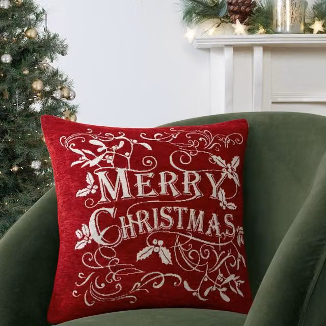 Portfolio Home Mistletoe & Holly Merry Christmas Cushion Cover in Red and White, W/D/H: 43 x 43 x 0 cm