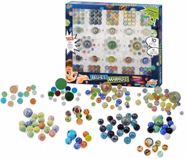 Buki Glass Marbles, 163 Pieces, Multicolour and White