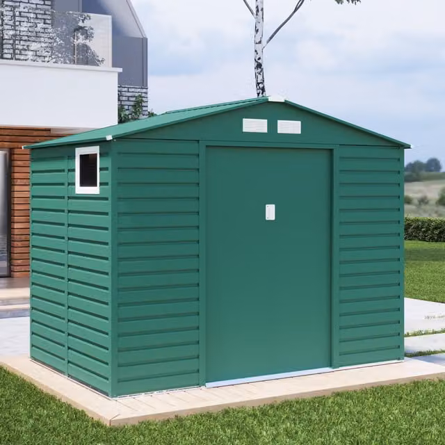 BillyOh Upton Apex Metal Shed in Green with Double Doors, Window and Side Vent